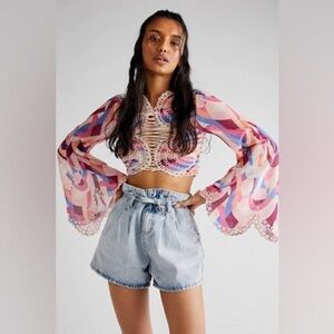 Free People Eyes on You Bell Sleeve Eyelet Mesh Crop Top SzS